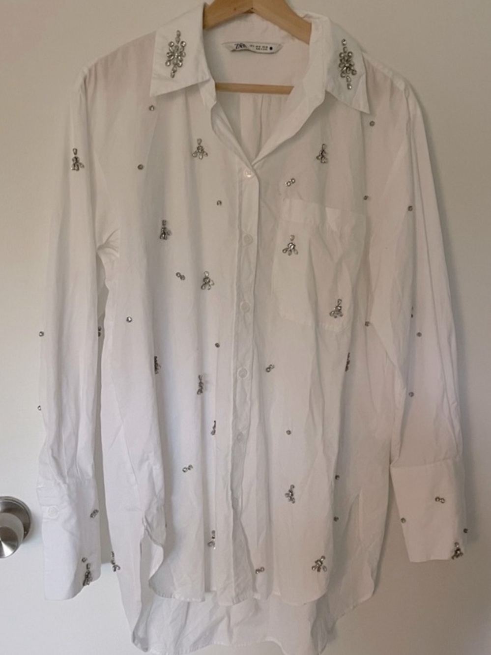 Zara White Button-Down Shirt with Silver Embellishments